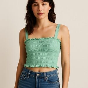 American Eagle Green Smocked Crop Top Beach Coastal Preppy M Kelly Boho Peasent